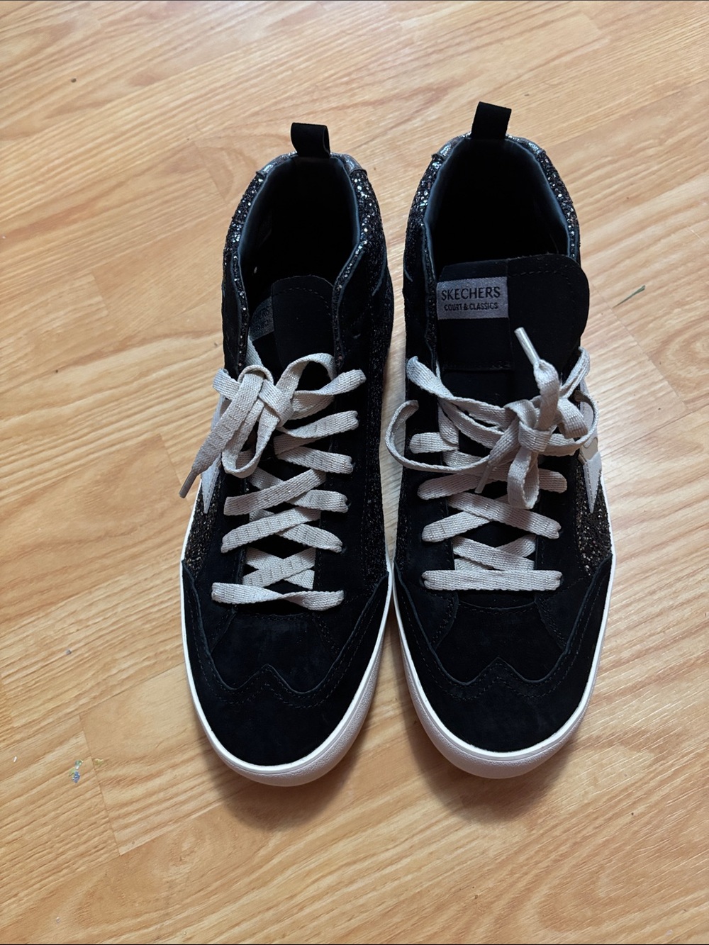 Skechers Women’s Black Glitter Lace-Up High Top Sneakers with Silver Accents - Picture 2 of 4